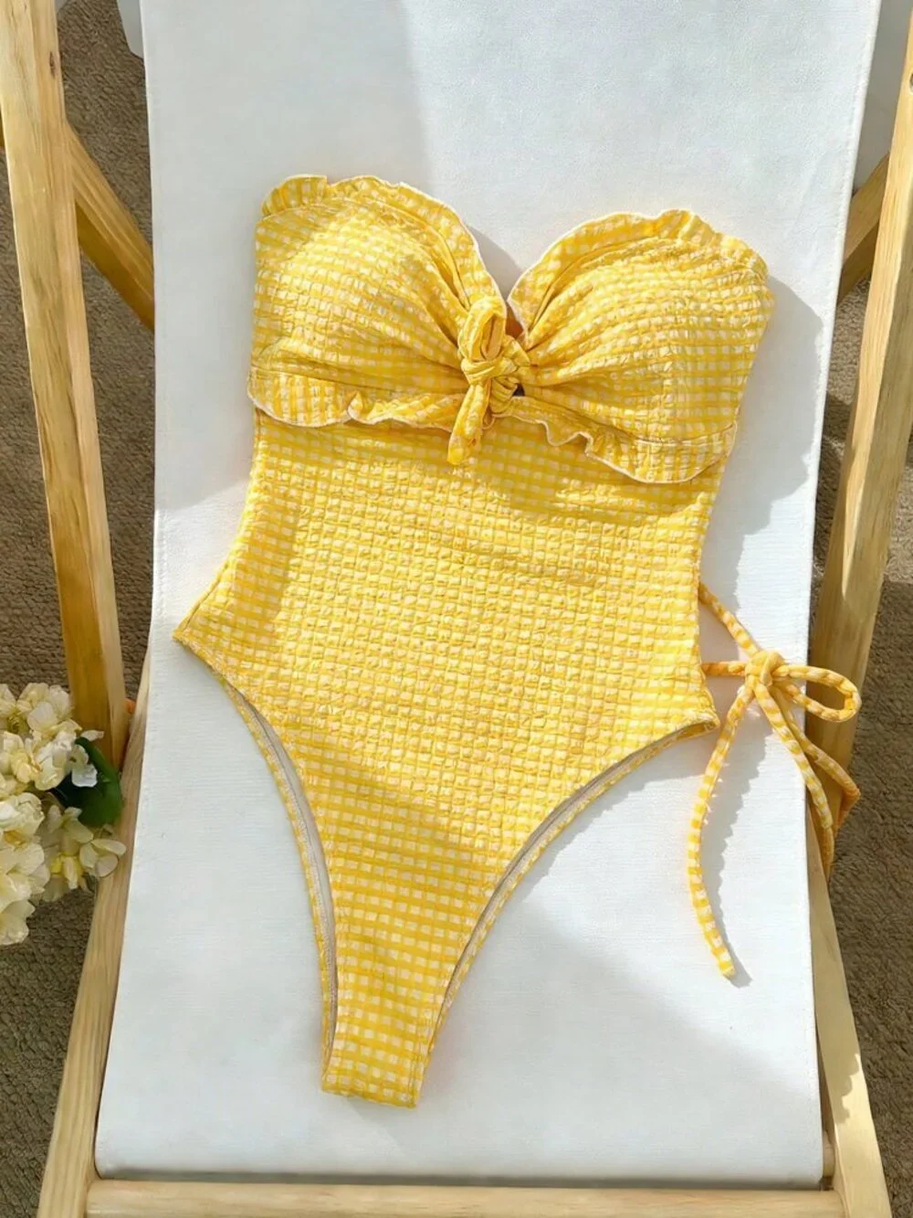 Yellow Women's Gingham strapless one piece swimsuit